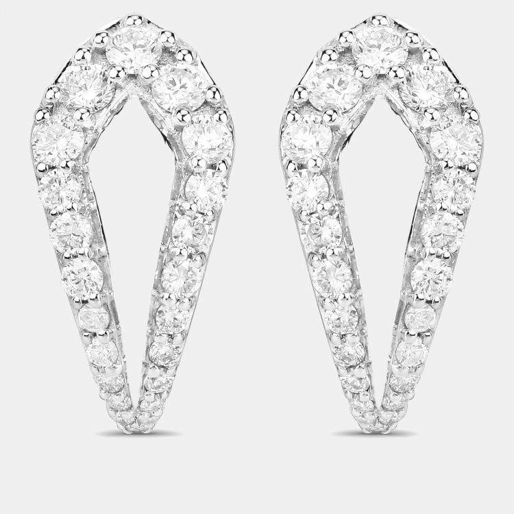 Pre Owned 0.72 cts Blue Sapphire and Diamond 14K White Gold Huggie Earrings