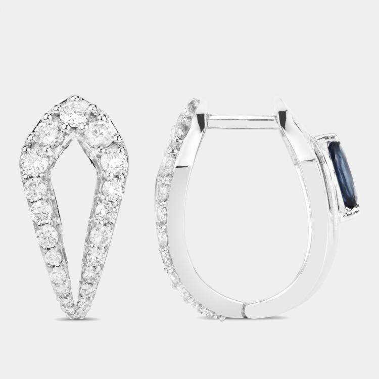 Pre Owned 0.72 cts Blue Sapphire and Diamond 14K White Gold Huggie Earrings