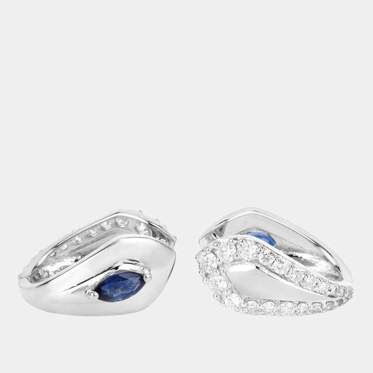 Pre Owned 0.72 cts Blue Sapphire and Diamond 14K White Gold Huggie Earrings