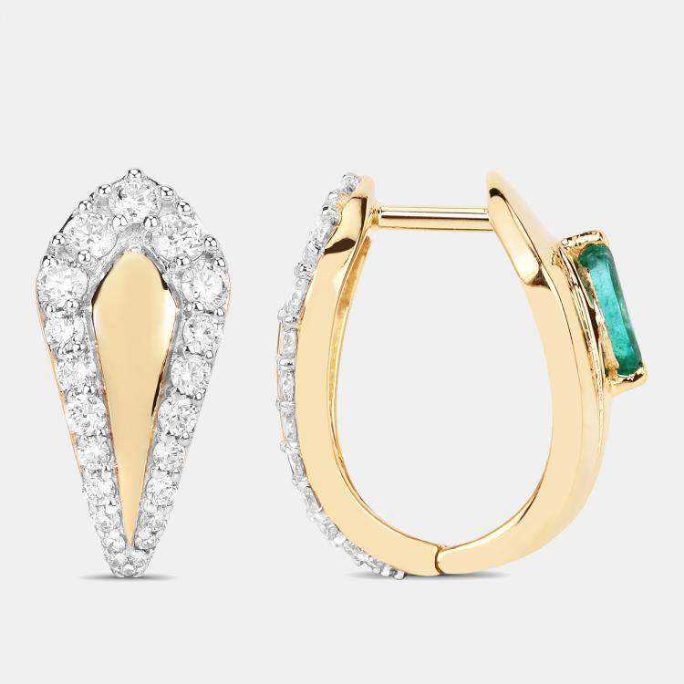 Pre Owned 0.60 cts Emerald and Diamond 14K Yellow Gold Huggie Earrings