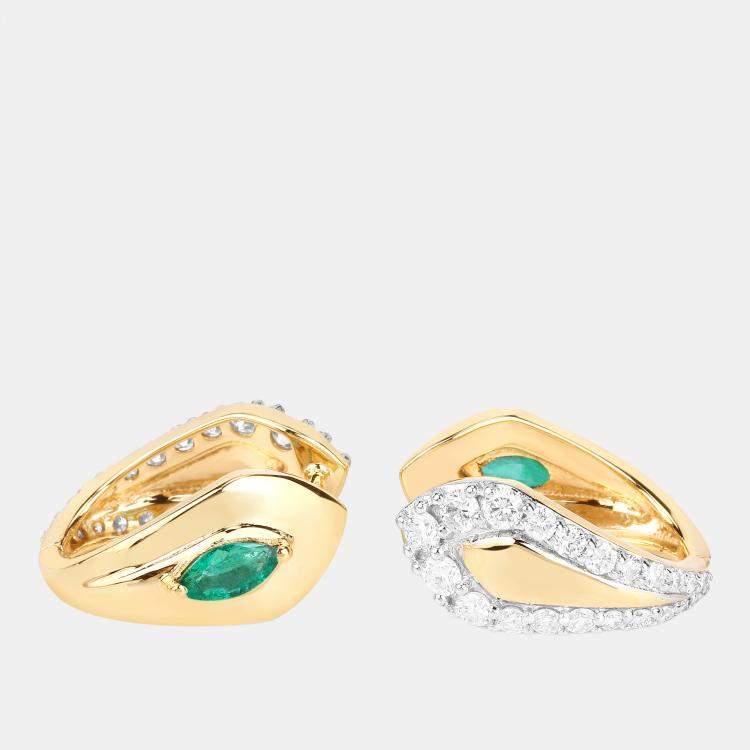Pre Owned 0.60 cts Emerald and Diamond 14K Yellow Gold Huggie Earrings