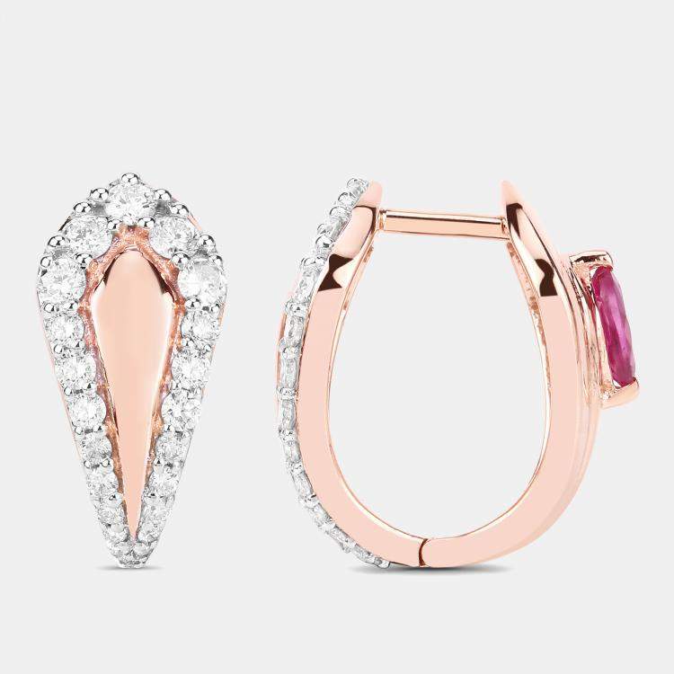 Pre Owned 0.66 cts Ruby and Diamond 14K Rose Gold Huggie Earrings