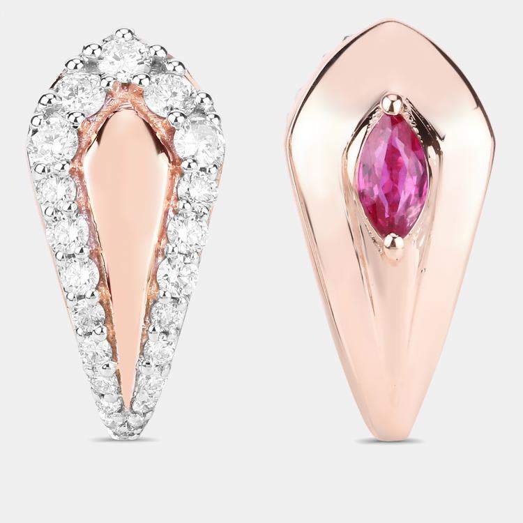 Pre Owned 0.66 cts Ruby and Diamond 14K Rose Gold Huggie Earrings