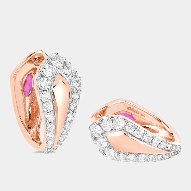 Pre Owned 0.66 cts Ruby and Diamond 14K Rose Gold Huggie Earrings