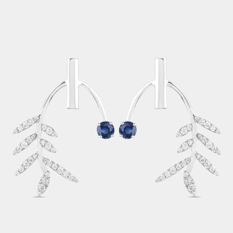 Pre Owned 0.75 cts Blue Sapphire and Diamond 14K White Gold Laurel Vine Earrings