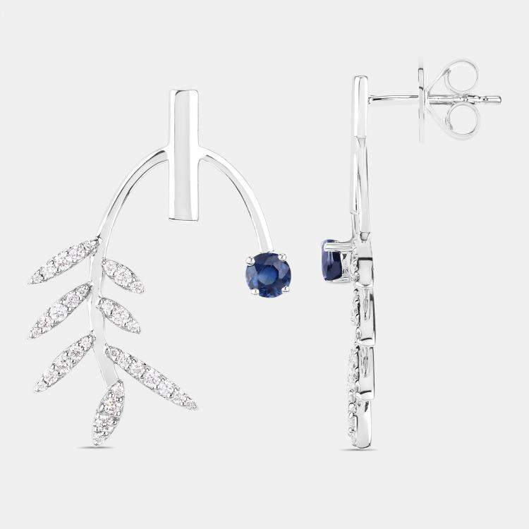 Pre Owned 0.75 cts Blue Sapphire and Diamond 14K White Gold Laurel Vine Earrings