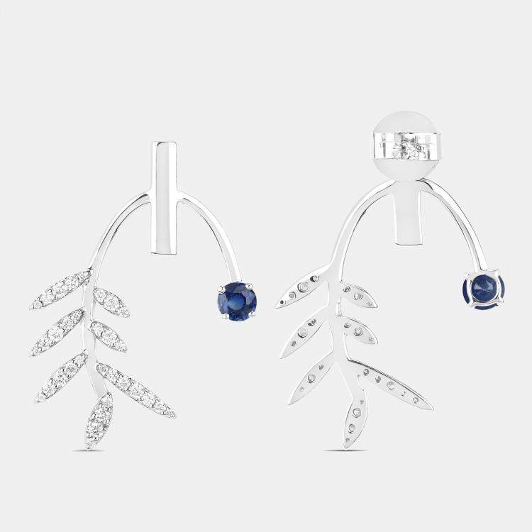 Pre Owned 0.75 cts Blue Sapphire and Diamond 14K White Gold Laurel Vine Earrings
