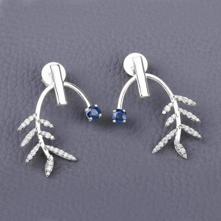 Pre Owned 0.75 cts Blue Sapphire and Diamond 14K White Gold Laurel Vine Earrings