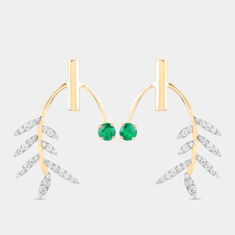 Pre Owned 0.49 cts Emerald and Diamond 14K Yellow Gold Laurel Vine Earrings