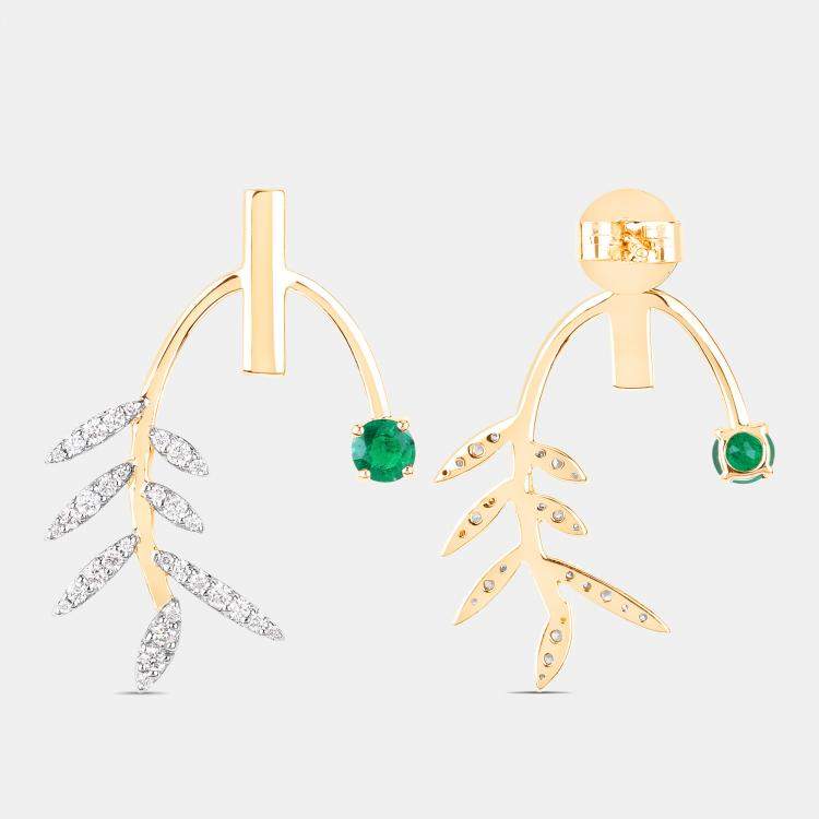 Pre Owned 0.49 cts Emerald and Diamond 14K Yellow Gold Laurel Vine Earrings