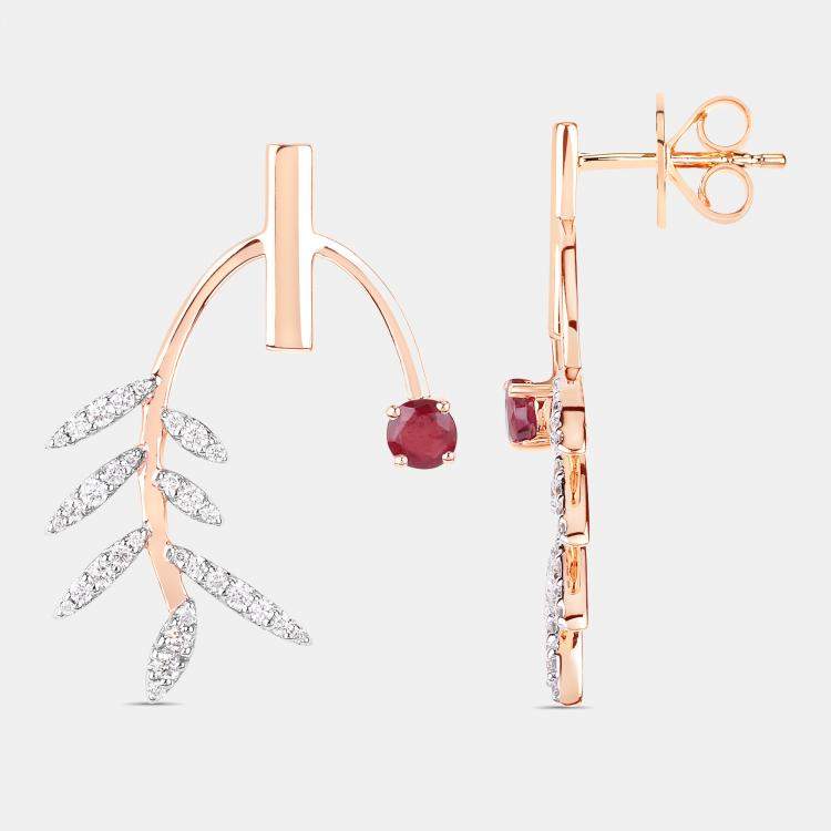 Pre Owned 0.66 cts Ruby and Diamond 14K Rose Gold Laurel Vine Earrings
