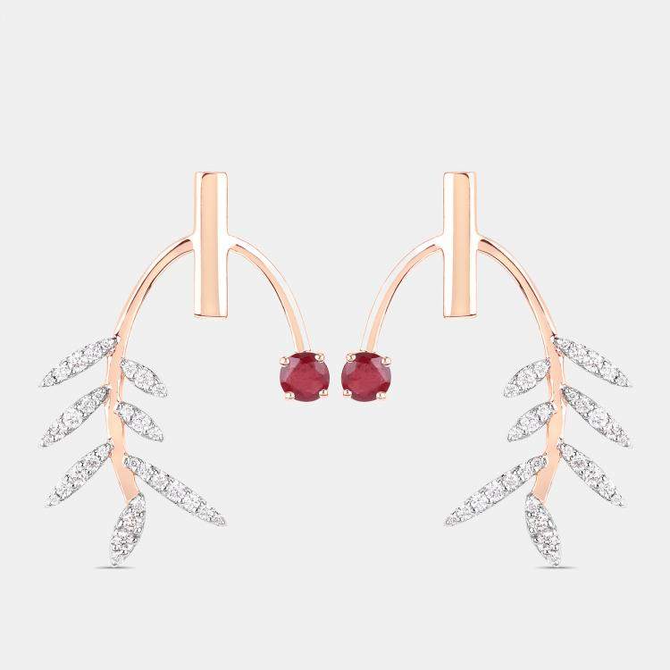 Pre Owned 0.66 cts Ruby and Diamond 14K Rose Gold Laurel Vine Earrings
