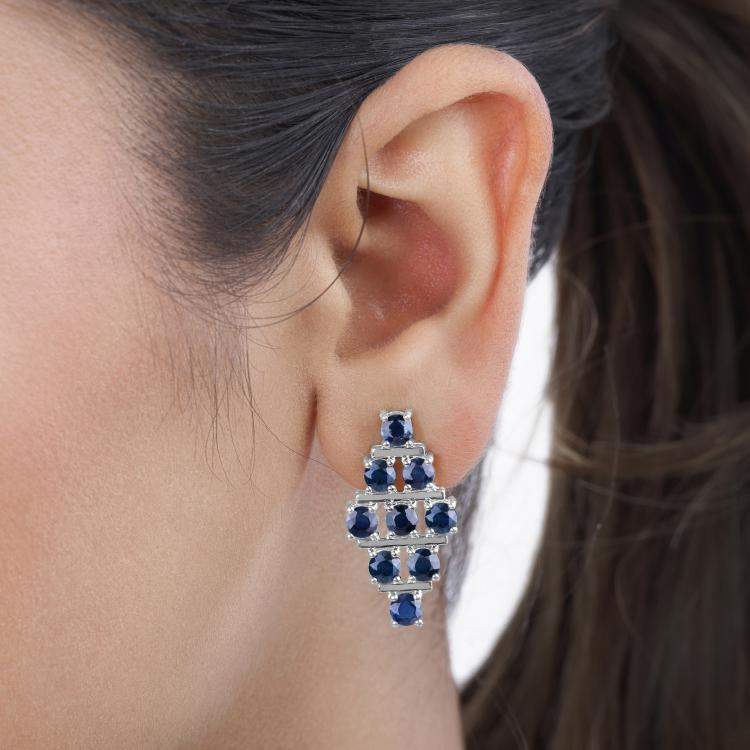 Pre Owned 6.41 cts Blue Sapphire 14K White Gold Multi-Row Cluster Earrings