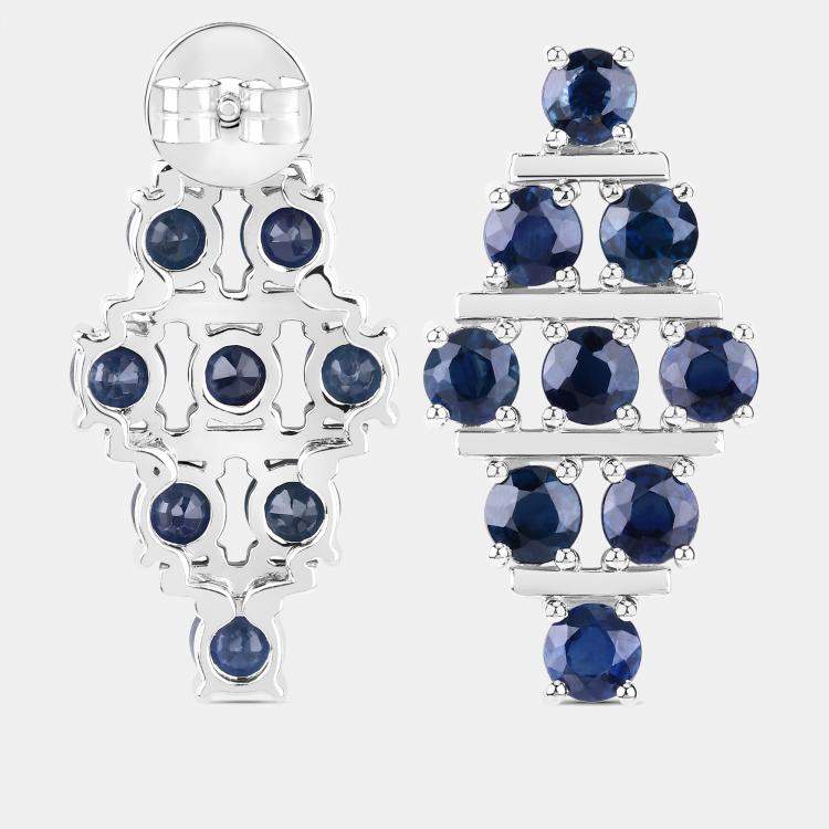 Pre Owned 6.41 cts Blue Sapphire 14K White Gold Multi-Row Cluster Earrings