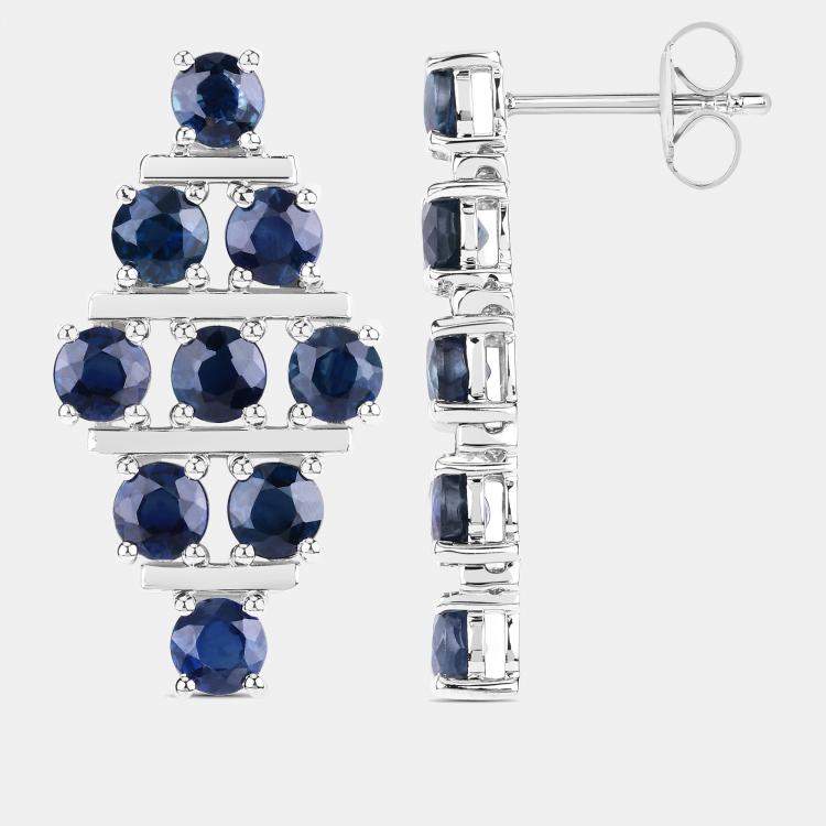 Pre Owned 6.41 cts Blue Sapphire 14K White Gold Multi-Row Cluster Earrings
