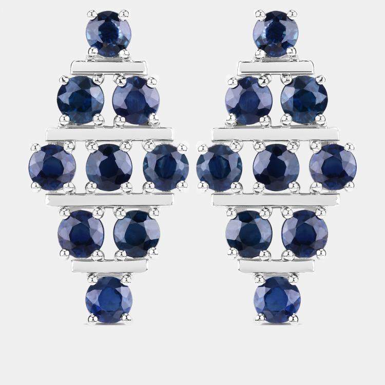 Pre Owned 6.41 cts Blue Sapphire 14K White Gold Multi-Row Cluster Earrings