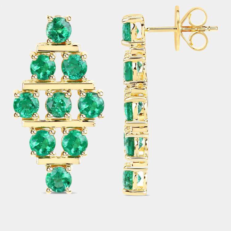 Pre Owned 4.45 cts Emerald 14K Yellow Gold Multi-Row Cluster Earrings