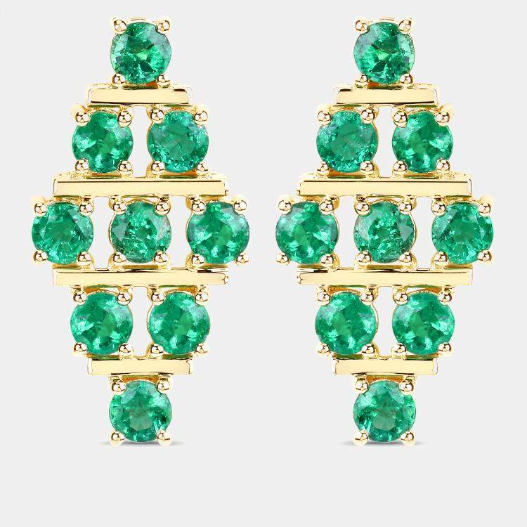 Pre Owned 4.45 cts Emerald 14K Yellow Gold Multi-Row Cluster Earrings
