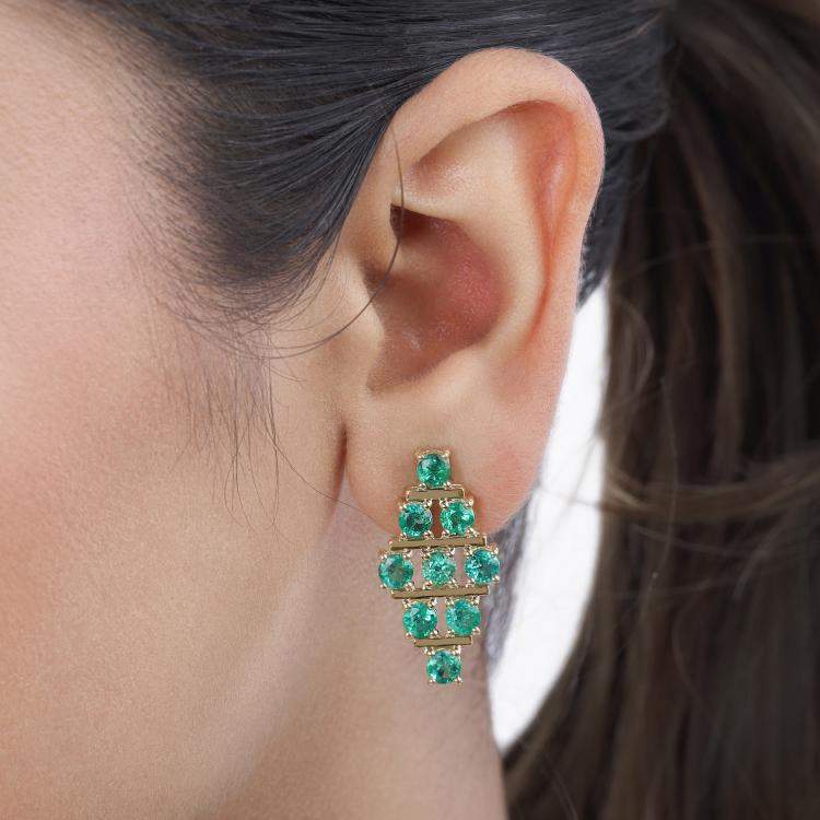 Pre Owned 4.45 cts Emerald 14K Yellow Gold Multi-Row Cluster Earrings