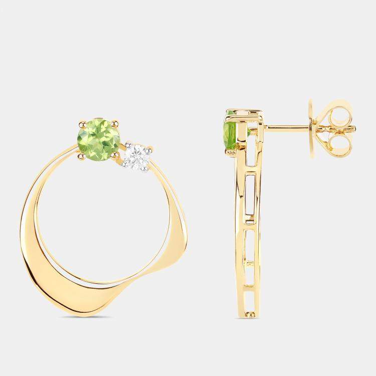 Pre Owned 1.02 cts Peridot and Diamond 14K Yellow Gold Wave Shape Earrings