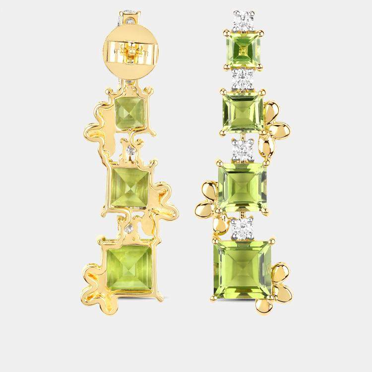 Pre Owned 9.86 cts Peridot and Diamond 14K Yellow Gold Graduated Earrings