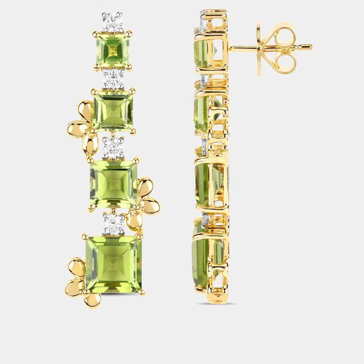 Pre Owned 9.86 cts Peridot and Diamond 14K Yellow Gold Graduated Earrings