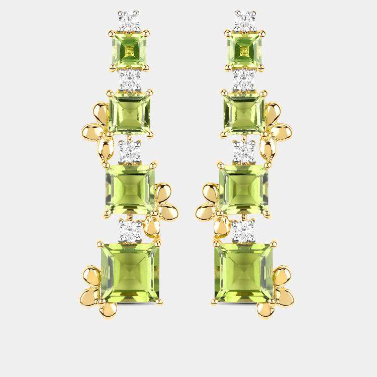 Pre Owned 9.86 cts Peridot and Diamond 14K Yellow Gold Graduated Earrings