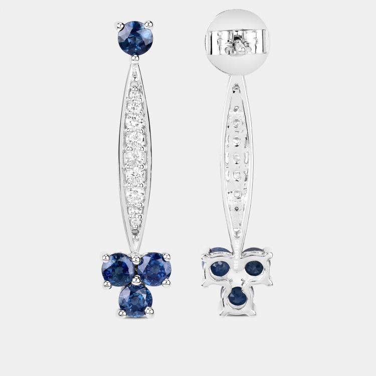 Pre Owned 2.14 cts Blue Sapphire and Diamond 14K White Gold Drop Earrings