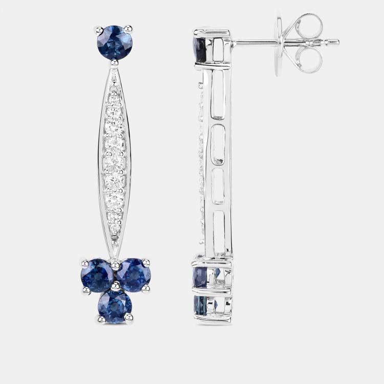 Pre Owned 2.14 cts Blue Sapphire and Diamond 14K White Gold Drop Earrings