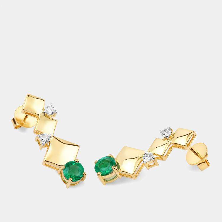 Pre Owned 1.72 cts Emerald and Diamond 14K Yellow Gold Drop Earrings