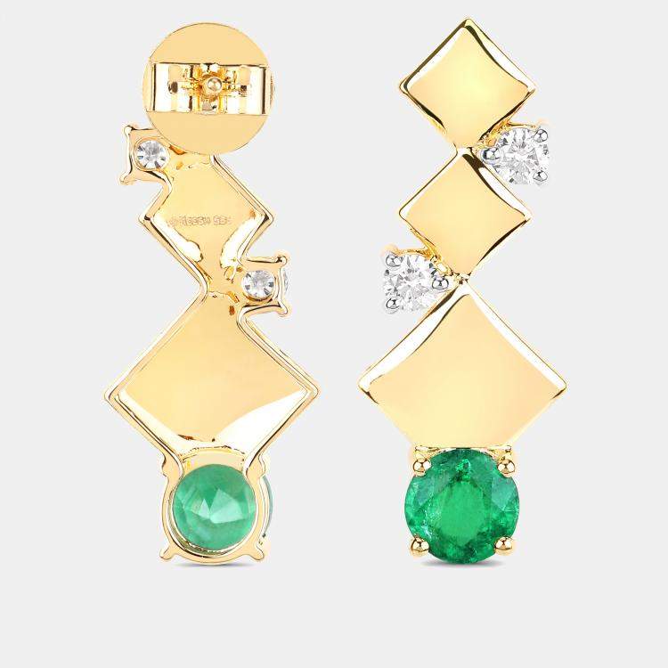 Pre Owned 1.72 cts Emerald and Diamond 14K Yellow Gold Drop Earrings