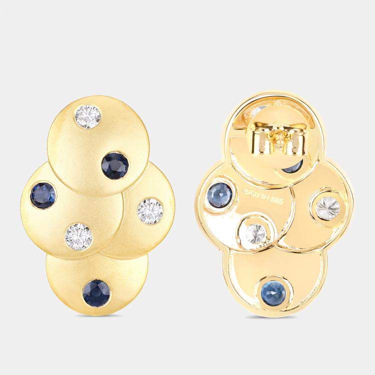 Pre Owned 1.00 cts Blue Sapphire and Diamond 14K Yellow Gold Layered Disc Studs