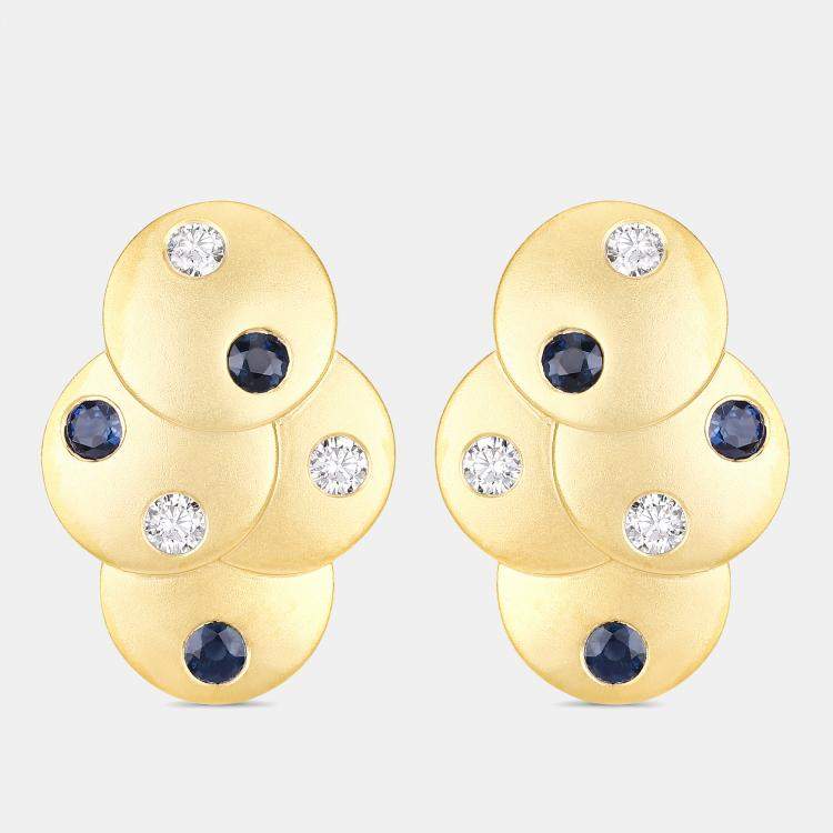 Pre Owned 1.00 cts Blue Sapphire and Diamond 14K Yellow Gold Layered Disc Studs