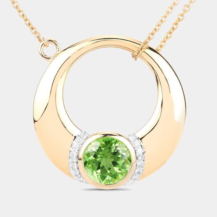 Pre Owned 1.96 cts Peridot and Diamond 14K Yellow Gold Circle Necklace