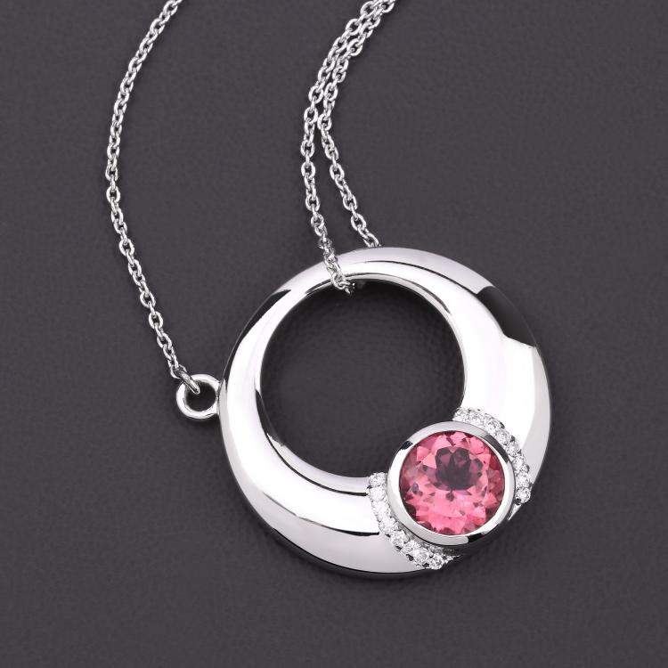 مملوكة مسبقًا 1.88 cts Pink Tourmaline and Diamond 14K White Gold Circle Necklace