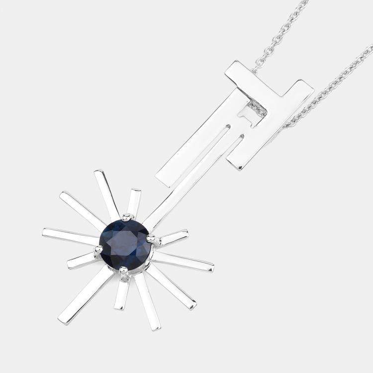 Pre Owned 0.98 cts Blue Sapphire 14K White Gold Sunburst Pendant