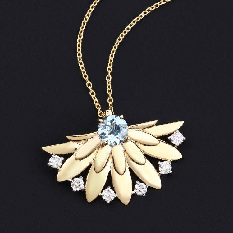 Pre Owned 0.68 cts Aquamarine and Diamond 14K Yellow Gold Floral Fan Pendant