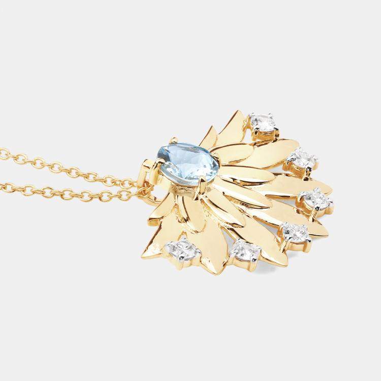 Pre Owned 0.68 cts Aquamarine and Diamond 14K Yellow Gold Floral Fan Pendant