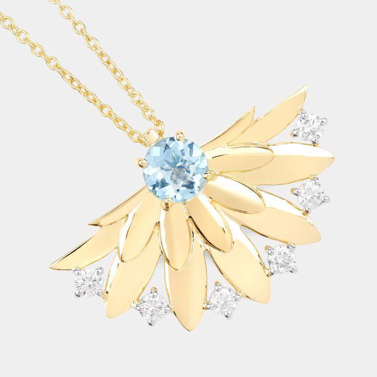 Pre Owned 0.68 cts Aquamarine and Diamond 14K Yellow Gold Floral Fan Pendant