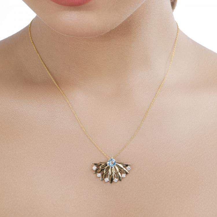 Pre Owned 0.68 cts Aquamarine and Diamond 14K Yellow Gold Floral Fan Pendant