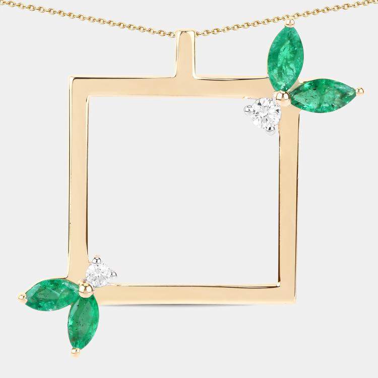 Pre Owned 0.76 cts Emerald and Diamond 14K Yellow Gold Nature Inspired Pendant