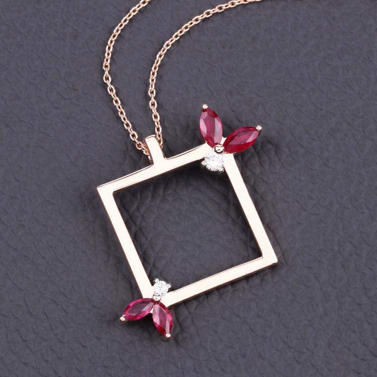 Pre Owned 0.85 cts Ruby and Diamond 14K Rose Gold Nature Inspired Pendant