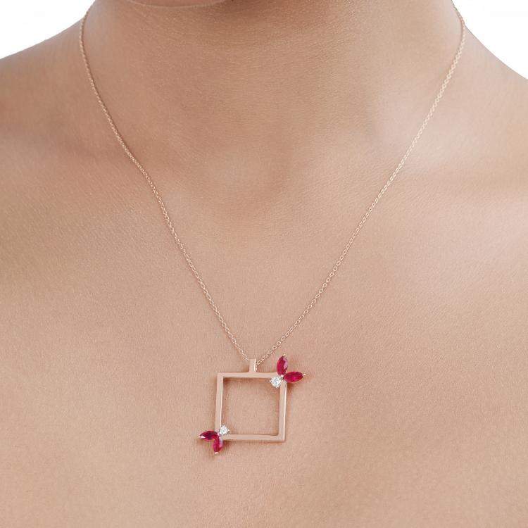 Pre Owned 0.85 cts Ruby and Diamond 14K Rose Gold Nature Inspired Pendant