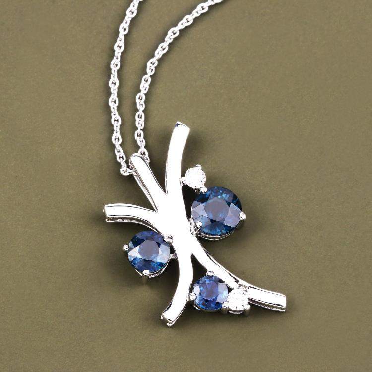 Pre Owned 2.56 cts Blue Sapphire and Diamond 14K White Gold Nature Inspired Pendant