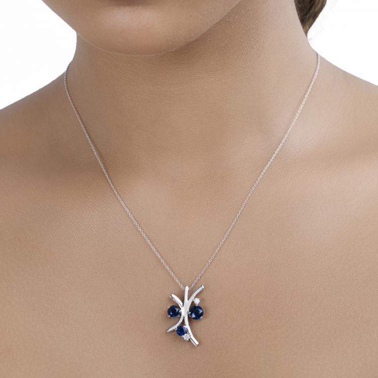 Pre Owned 2.56 cts Blue Sapphire and Diamond 14K White Gold Nature Inspired Pendant