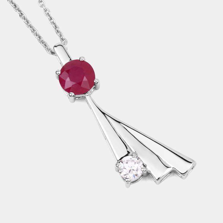 Pre Owned 1.10 cts Ruby and Diamond 14K White Gold Minimal Flare Pendant