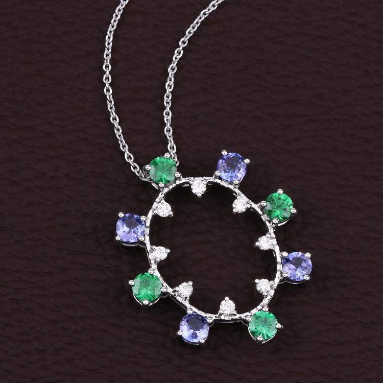 Pre Owned 2.26 cts Multi Stone and Diamond 14K White Gold Circle Pendant