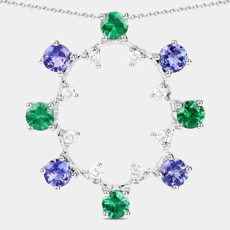 Pre Owned 2.26 cts Multi Stone and Diamond 14K White Gold Circle Pendant