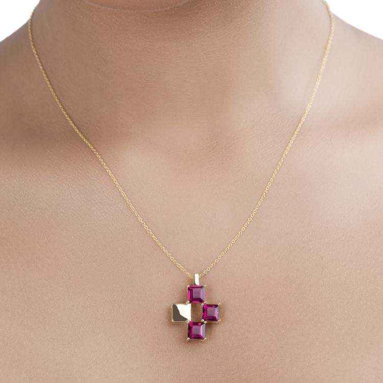 Pre Owned 4.07 cts Rhodolite Garnet 14K Yellow Gold Quad Pendant