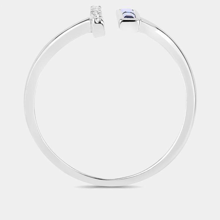 Pre Owned 0.25 cts Blue Sapphire and Diamond 14K White Gold Bypass Bar Ring US Size 7